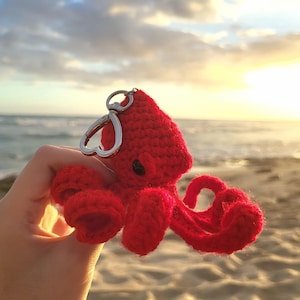 May include: A handmade red crochet octopus keychain with a silver-colored clasp. The octopus has eight tentacles and small black eyes. The background shows a beach scene with a sunset over the ocean.