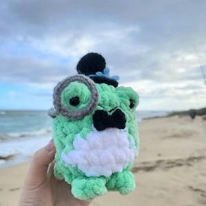 May include: A handmade, plush frog toy in shades of mint green and white, sporting a black top hat, bow tie, and a gray monocle. The frog is crocheted with a textured yarn, giving it a soft appearance. The background shows a beach and cloudy sky.