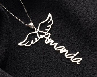 Personalized Sterling Silver Angel Wing Name Necklace, Memorial Jewelry
