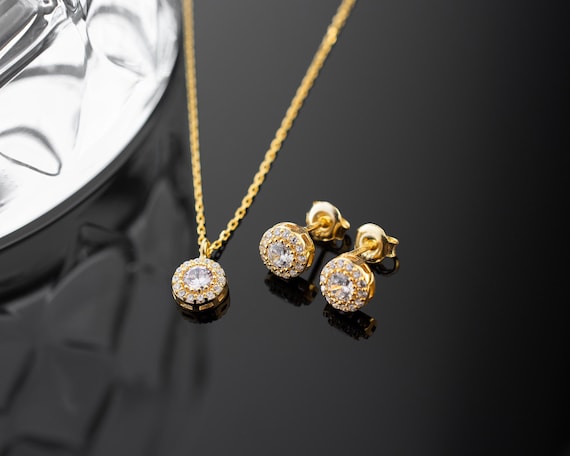 Parure Bijou Rétro Collier + Boucles D'oreilles Clous - Cristaux Diamant Sertis, Occasion