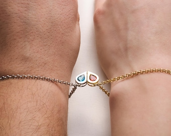 Conjunto de pulseras magnéticas con forma de corazón y piedra natal personalizadas, plata de ley 925