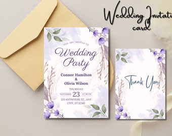 Plantilla de invitación de boda lila, plantilla de invitación de boda, invitación floral púrpura, invitación de boda imprimible púrpura lavanda de 2 piezas