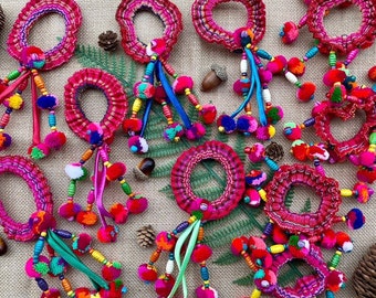 Handmade ethnic pom pom decoration, for hair ties, bag swag, ethnic bag charms with pom poms, bells and wooden beads 1 piece