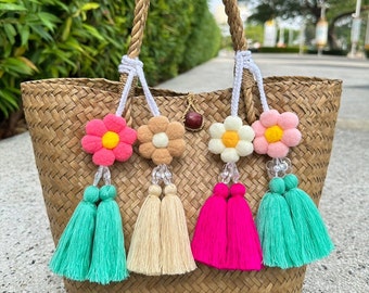 flower Tassels Pom Pom Charm for Bag, Unique Tassels Keychain, Pom Pom Tassels Bag Charm, Tassels Accessory for Purse
