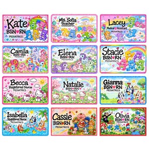May include: A collection of twelve rectangular name badges featuring colorful cartoon characters including Care Bears, My Little Pony, Hello Kitty, Bluey, Strawberry Shortcake, and Smurfs. Each badge displays a name, professional title, and PEDIATRICS.