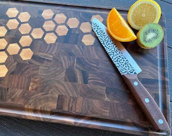 Dark Walnut End Grain Cutting Board: Maple Honeycomb Inlay, Butcher Block, Chopping Board