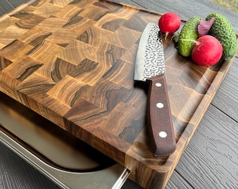 Tábua de corte em nogueira com bandeja de aço inoxidável: tábua de corte, bloco de açougueiro, charcutaria
