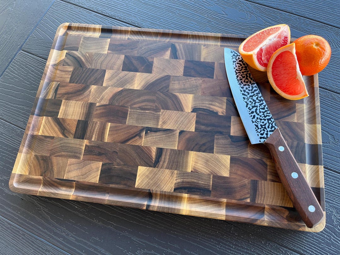 Walnut End Grain Cutting Board: Butcher Block with Juice Groove, Chopping Board, Housewarming Gift - L - 17.3"x12.6"x1.4", Add Juice Groove