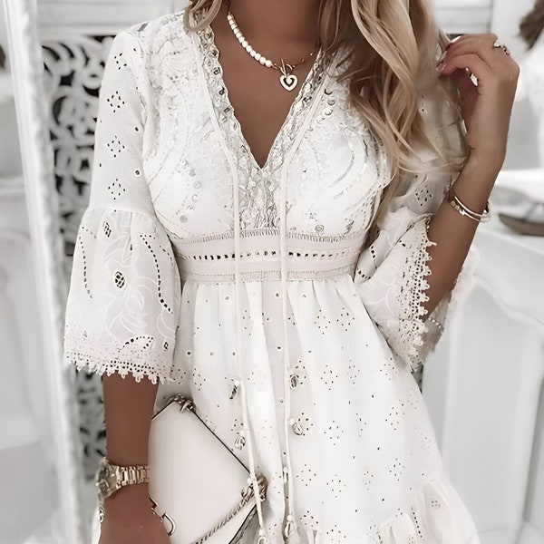 Embroidery dress V-neck, women's fashion, women's clothing, summer dress, pattern Bohemian style, half sleeve, above knee, cute, kawaii, plus size, midi