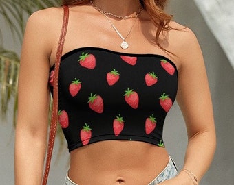Strapless tube crop tanktop, zomershirt, casual, slim fit, bijgesneden mouwloze top, dameskleding, y2k, aardbeienpatroon