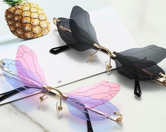 Transparentglas Mode Sonnenbrille "Vintage Libelle" mit Farbverlauf, Rahmenlos, Steampunk, Damen Frauen Accessories, trendy, kawaii, y2k