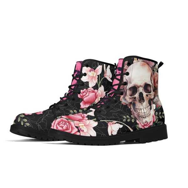 Boots "Blooming Death", women's shoes, women's clothing, gift, trendy, roses, skull, bloom-flower pattern, black, punk rock, gothic style