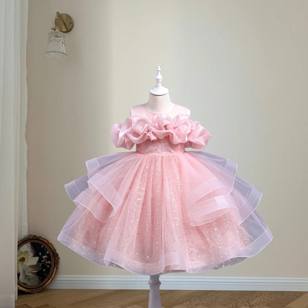 Floral Embroidery Sequins Tulle Knee-length Pink Baby Girl Dress