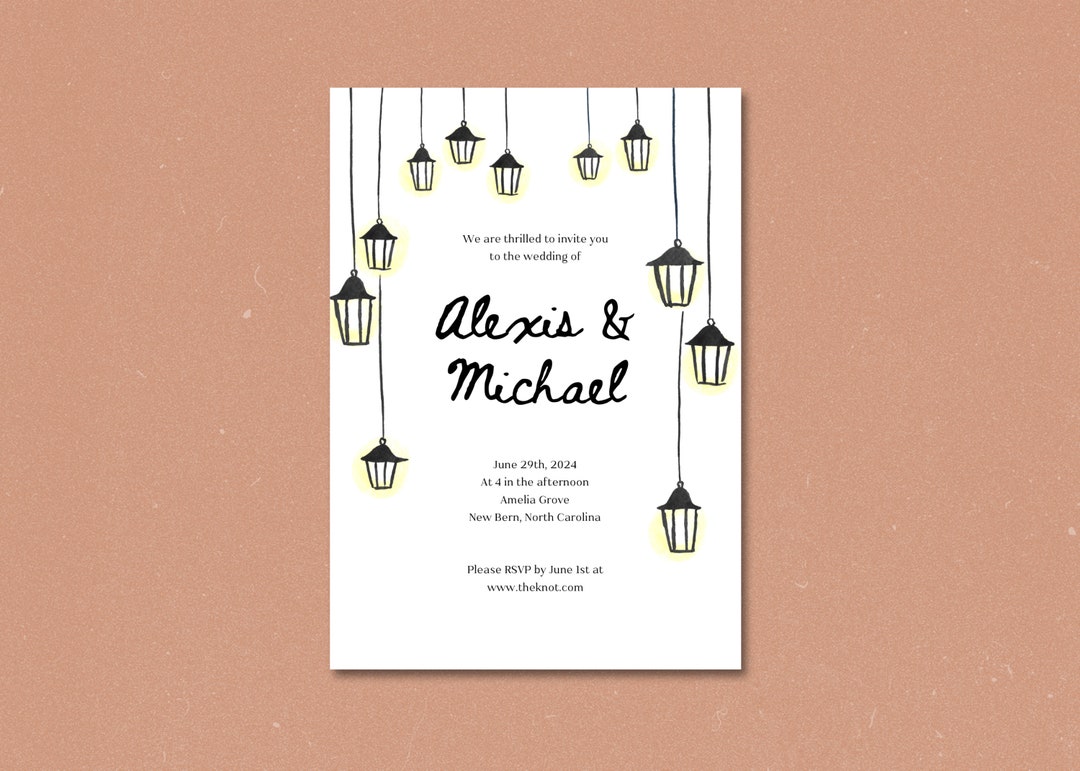 Hanging Lanterns Wedding Invitation, Digital Template, Handpainted