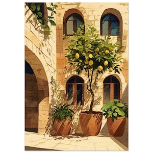 May include: Watercolor painting of a sunlit courtyard with a lemon tree in a terracotta pot. The scene includes arched windows, potted plants, and a stone wall. The artwork evokes a Mediterranean or Tuscan aesthetic.