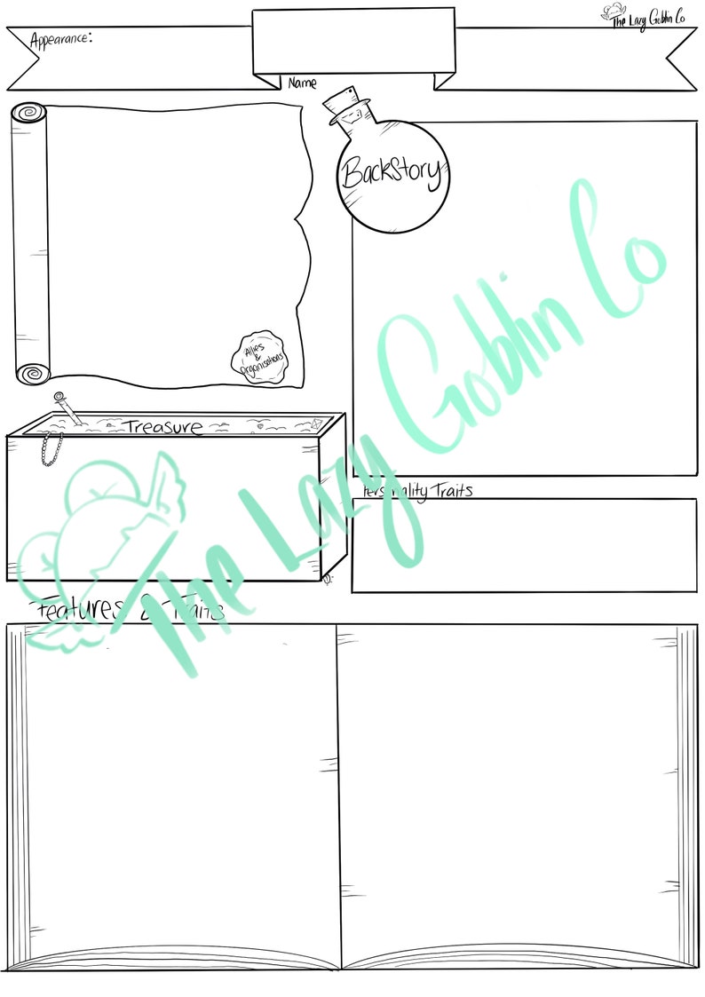 Puede incluir: Una hoja de personaje imprimible para juegos de rol. La hoja tiene secciones para la apariencia, el nombre, la historia de fondo, el tesoro, los aliados y las organizaciones, los rasgos de personalidad y las caracter&iacute;sticas y defectos.