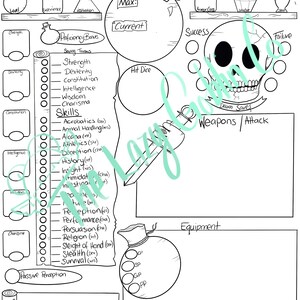 Puede incluir: Una hoja de personaje imprimible para un juego de rol de mesa. La hoja incluye secciones para el nombre del personaje, la clase, la raza, el nivel, la experiencia, la fuerza, la destreza, la constituci&oacute;n, la inteligencia, la sabidur&iacute;a, el carisma, el bono de competencia, las tiradas de salvaci&oacute;n, las habilidades, los dados de golpe, las tiradas de muerte, las armas, el ataque, el equipo, la percepci&oacute;n pasiva y las competencias y los idiomas.