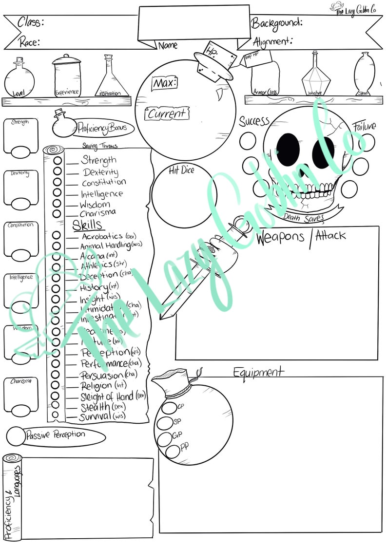 Puede incluir: Una hoja de personaje imprimible para un juego de rol de mesa. La hoja incluye secciones para el nombre del personaje, la clase, la raza, el nivel, la experiencia, la fuerza, la destreza, la constituci&oacute;n, la inteligencia, la sabidur&iacute;a, el carisma, el bono de competencia, las tiradas de salvaci&oacute;n, las habilidades, los dados de golpe, las tiradas de muerte, las armas, el ataque, el equipo, la percepci&oacute;n pasiva y las competencias y los idiomas.