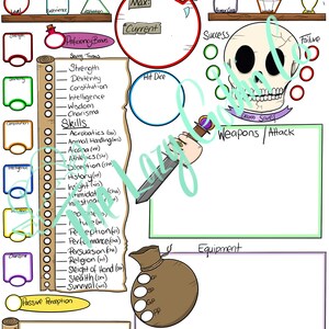 May include: A printable Dungeons and Dragons character sheet with a skull graphic and a hand holding a sword. The sheet includes sections for character stats, skills, weapons, equipment, and proficiency bonuses.