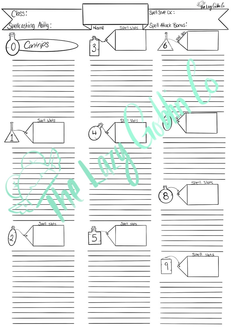 Puede incluir: Una hoja de personaje imprimible para un juego de rol de mesa. La hoja est&aacute; dividida en secciones para la informaci&oacute;n del personaje, las ranuras de hechizos y la capacidad de lanzar hechizos. La hoja est&aacute; dise&ntilde;ada para ser utilizada con un l&aacute;piz o bol&iacute;grafo.