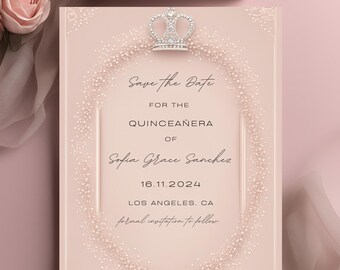 Elegant Editable Pale Pastel Pink Princess Quinceañera Save the Date Template, Modern Quinceañera, Quince Invite, Quince 15 Anos