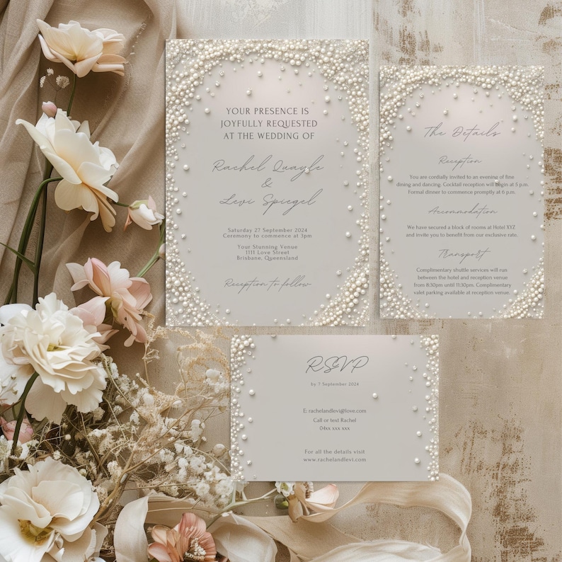May include: A wedding invitation suite with a pearl theme. The invitation features a white background with a pearl border and the text "Your presence is joyfully requested at the wedding of Rachel Qaaghr & Levi Spugel". The details card includes information about the reception, accommodation, and transport. The RSVP card has a white background with a pearl border and the text "RSVP by 7 September 2014".