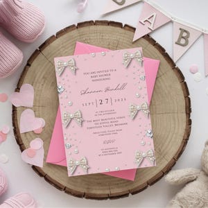 Elegant Editable Pastel Pink Diamonds and Pearls Bow Baby Shower Invitation Template, Baby Girl, Gender Reveal, Bow Theme, Pearl Invite