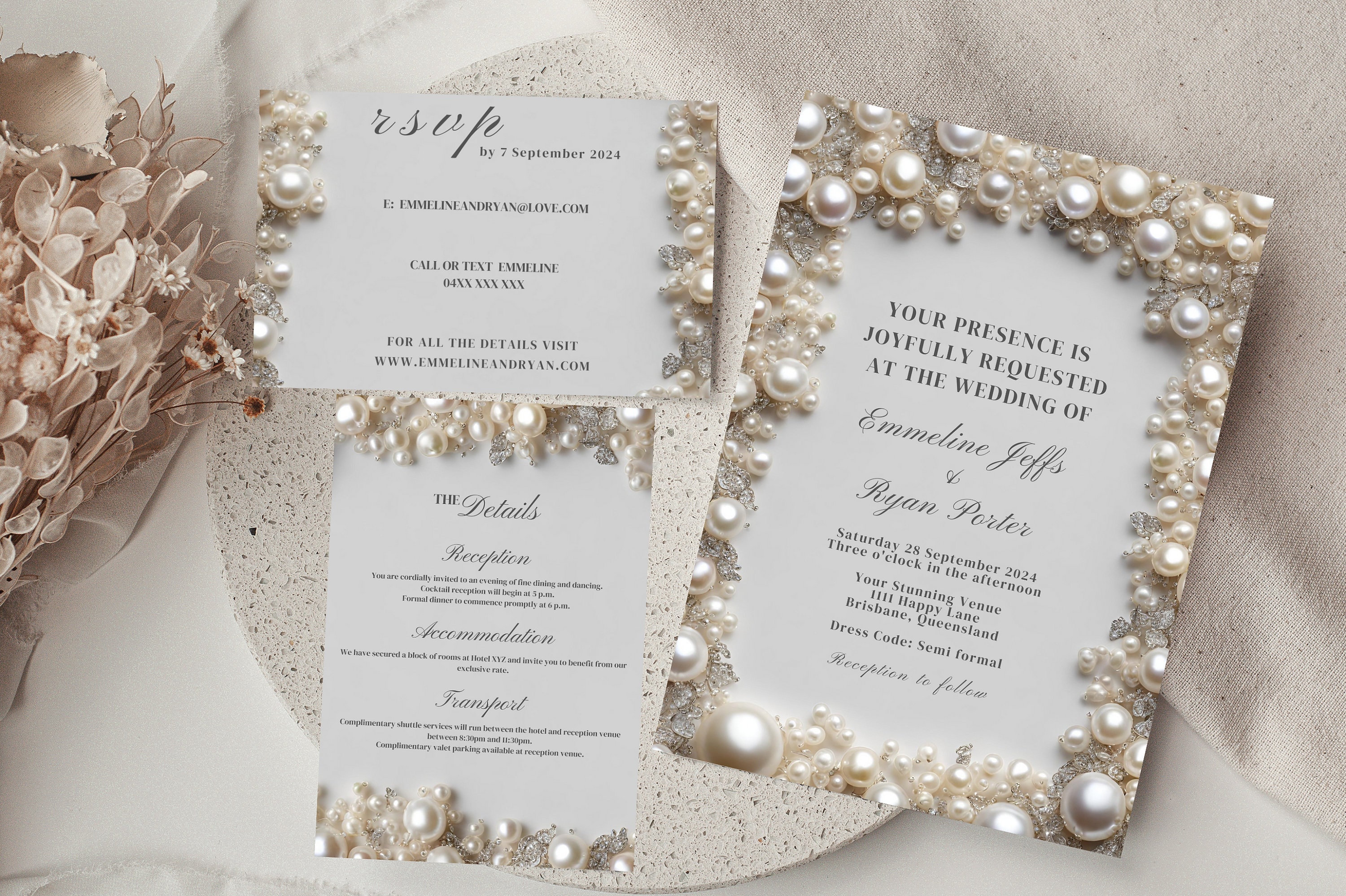 Elegant Editable Pearl and Diamond Cluster Wedding Invitation Suite,  Invitation Bundle, Pearl Wedding Invite, RSVP Card, Details Card - Etsy, image size:3000x1999