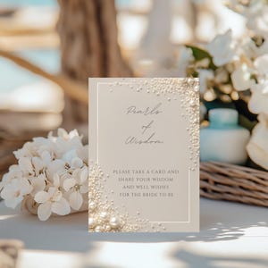 Elegante bearbeitbare cremefarbene Samenperle Brautdusche Perlen der Weisheit Tischschild Vorlage, Guten Wunsch Karte, Ratschlag Karte, Rat für Braut zu sein
