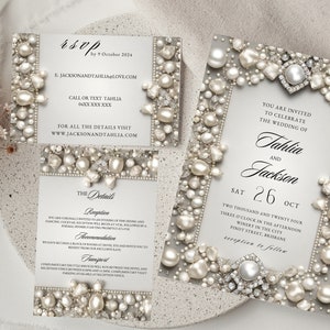 Elegante conjunto de convites de casamento com diamantes editáveis e pérolas de água doce, pacote de convites, convite de casamento com pérolas, cartão RSVP, cartão de detalhes