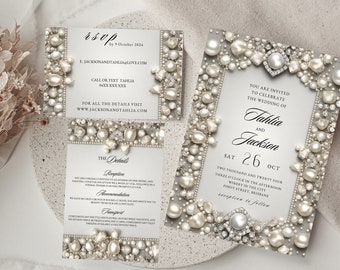 Elegant Editable Diamonds and Freshwater Pearls Wedding Invitation Suite, Invitation Bundle, Pearl Wedding Invite, RSVP Card, Details Card