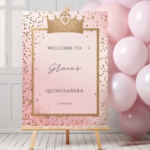 Elegant Editable Pink with Gold Confetti Glitter Quinceañera Welcome Sign Template Q022, Quince Welcome, Pink Quince, Quince Sign