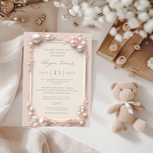 Elegante bearbeitbare Blush rosa und weiße Perlen Babyparty Einladung Vorlage, Baby Mädchen, rosa Dusche Einladung, rosa Babyparty
