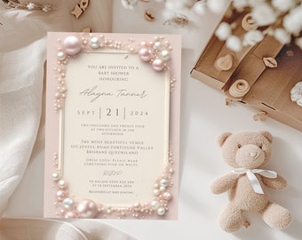 Elegant Editable Blush Pink and White Pearls Baby Shower Invitation Template, Baby Girl, Pink Shower Invitation, Pink Baby Shower