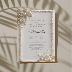Modèle d'invitation de douche nuptiale modifiable élégant W080, bordure de perles et de cristal, douche nuptiale de perles, invitation de perles, diamants et perles