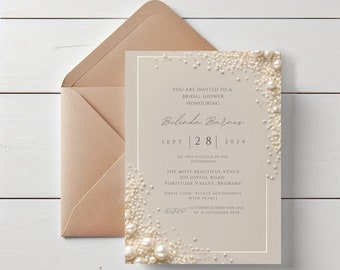 Elegant Editable Cream Seed Pearl Bridal Shower Invitation Template W213, Pearl Bridal Shower, Pearl Shower, Cream and Pearl, Pearl Theme