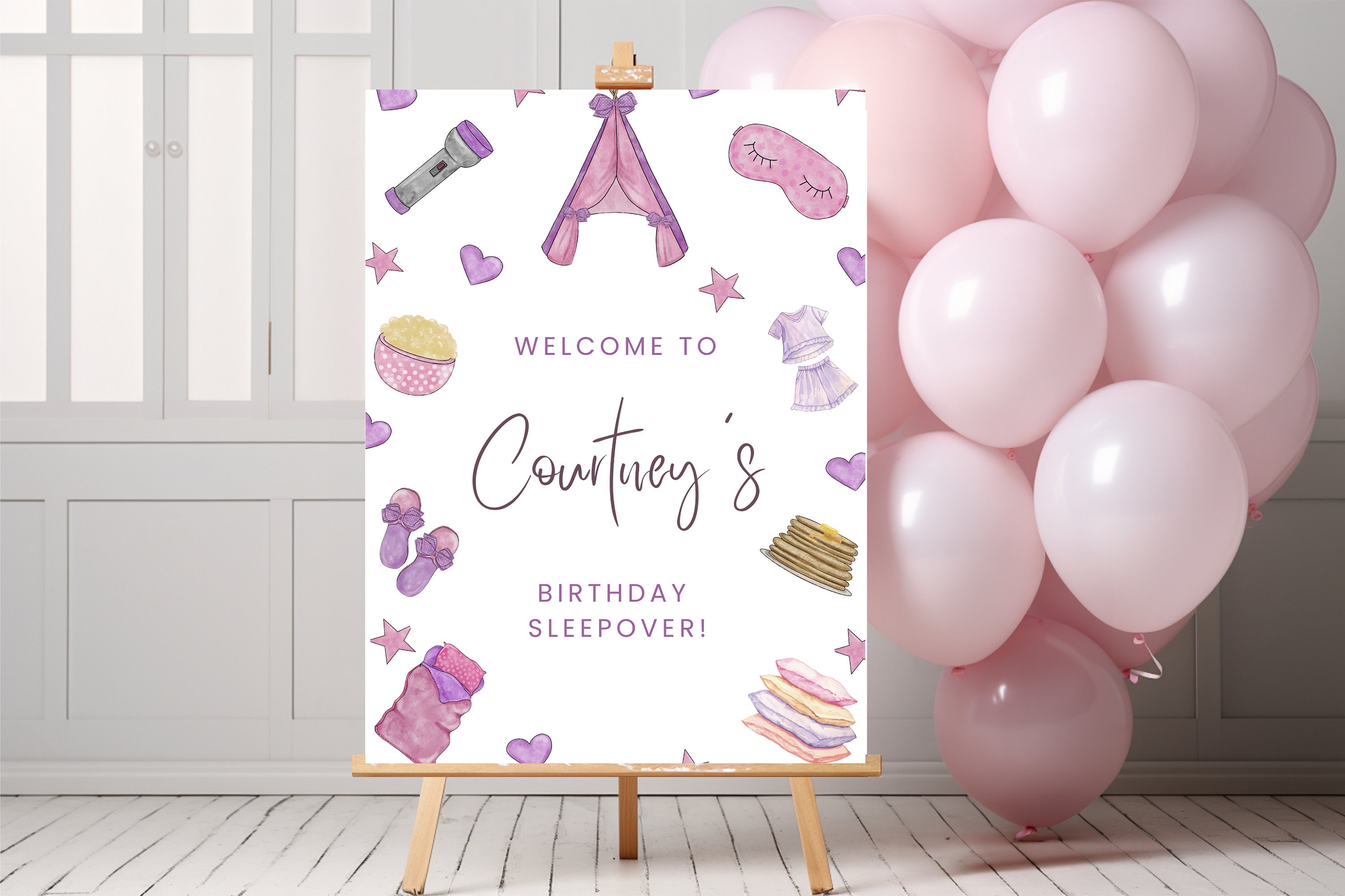 Fun Pink and Purple Sleepover Birthday Party Welcome Sign CB024