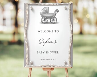 Elegant Editable Silver Diamonds and Pearls Baby Shower Welcome Sign, Pearl Welcome Sign, Pearl Shower Sign, It's a Girl, It's a Boy
