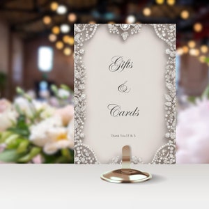 Eleganter bearbeitbarer errötender Diamant-Rahmen-Hochzeits-Empfangsgeschenke und Karten-Tischschild-Vorlage W220, Geschenk-Tischschild, gutwünscht, gut wünschen