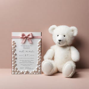 Elegant Editable Rose Gold Pink Diamonds and Pearls Bow Baby Shower Invitation Template, Baby Girl, Bow Theme, Pearl Invite, It&#39;s a Girl