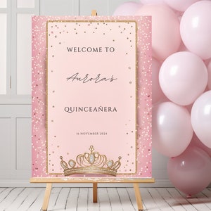 Elegant Editable Pink and Gold Glitter Tiara Quinceañera Welcome Sign Template, Quince Welcome, Pink Quince, Quince Sign, Princess Quince