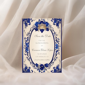 Elegante koningsblauwe kroon Quinceañera Save the Date-sjabloon, moderne quinceañera, kweepeerkaart, kweepeeruitnodiging, kweepeer 15 jaar, parelkweepeer
