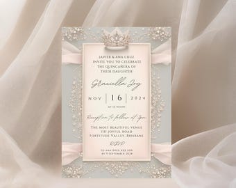 Elegant Editable Teal and Pink Diamond  Tiara Quinceañera Invitation Template, Quince Card, Quince Invite, Quince 15 Anos, Pink Quince Theme
