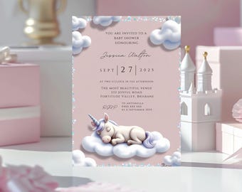May include: A baby shower invitation with a sleeping unicorn on a cloud. The invitation is light pink with white clouds and text that reads "You are invited to a baby shower honoring Jessica Walton, September 27, 2025."