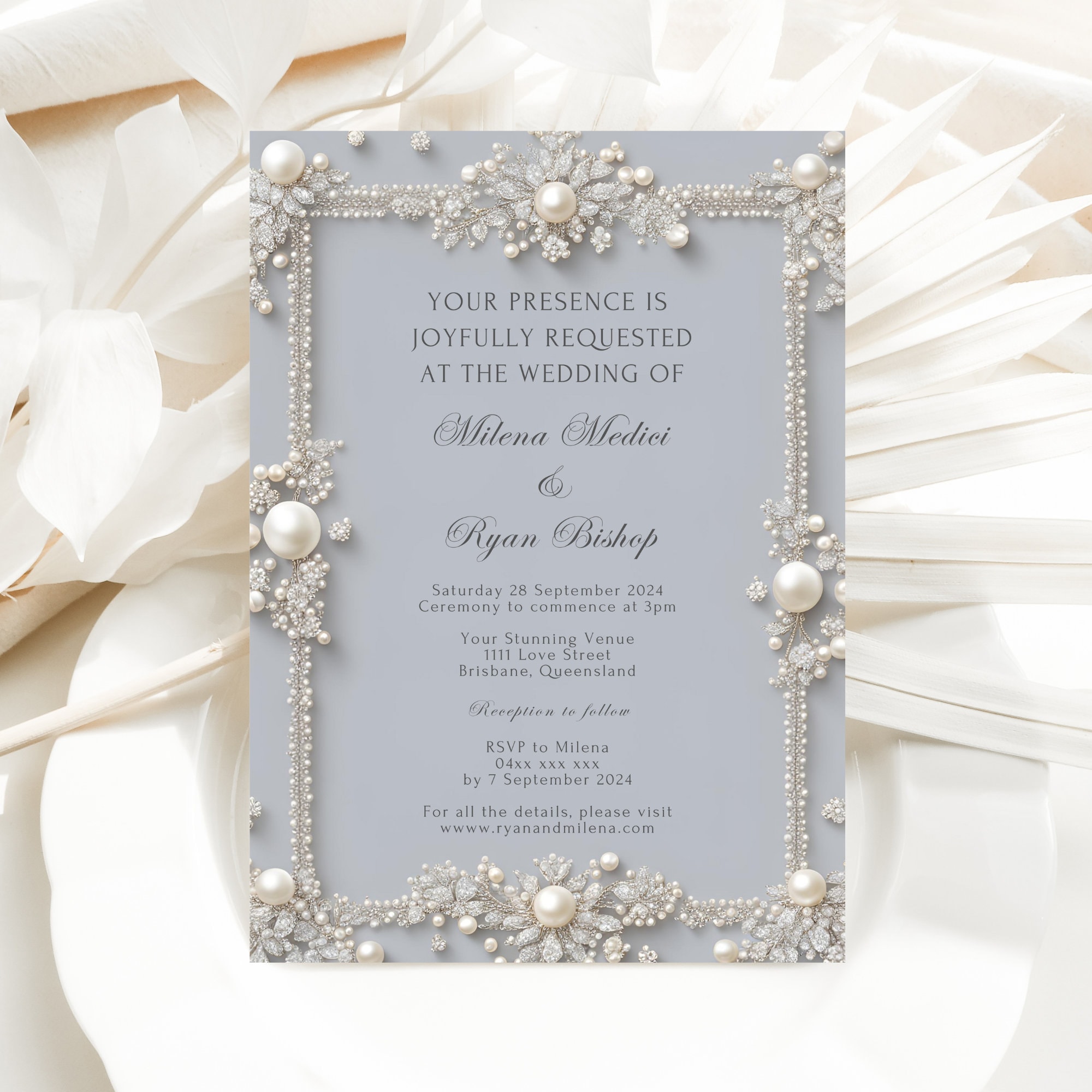 Elegant Editable Pastel Blue Diamonds and Pearls Wedding Invitation  Template W135, Pearl Invitation, Pearl Wedding, Diamond Invite, image size:2000x2000
