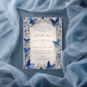 Modelo de convite Quinceanera elegante de borboletas azuis e diamantes, cartão de marmelo, convite de marmelo, marmelo 15 anos, tema de marmelo azul, Q007