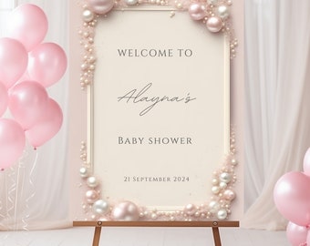 Elegant Editable Blush Pink and White Pearls Baby Shower Welcome Sign, Pearl Welcome Sign, Pearl Shower Sign, It&#39;s a Girl, Pink with Pearls