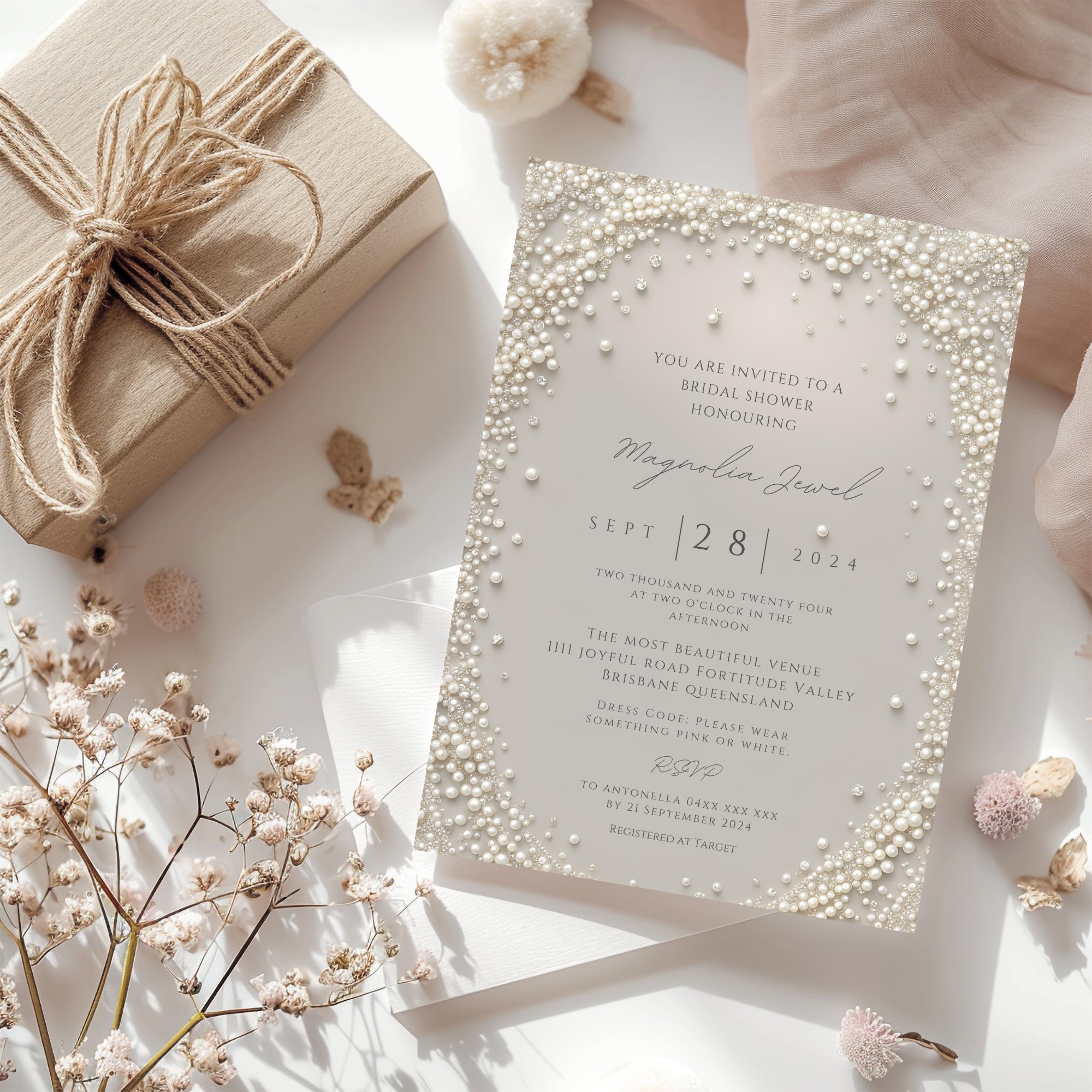 Elegant Editable Pastel Blush Pearls with Diamonds Bridal Shower Invitation Template W139, Pearl Bridal Shower, Pearl Shower, Pink and Pearl