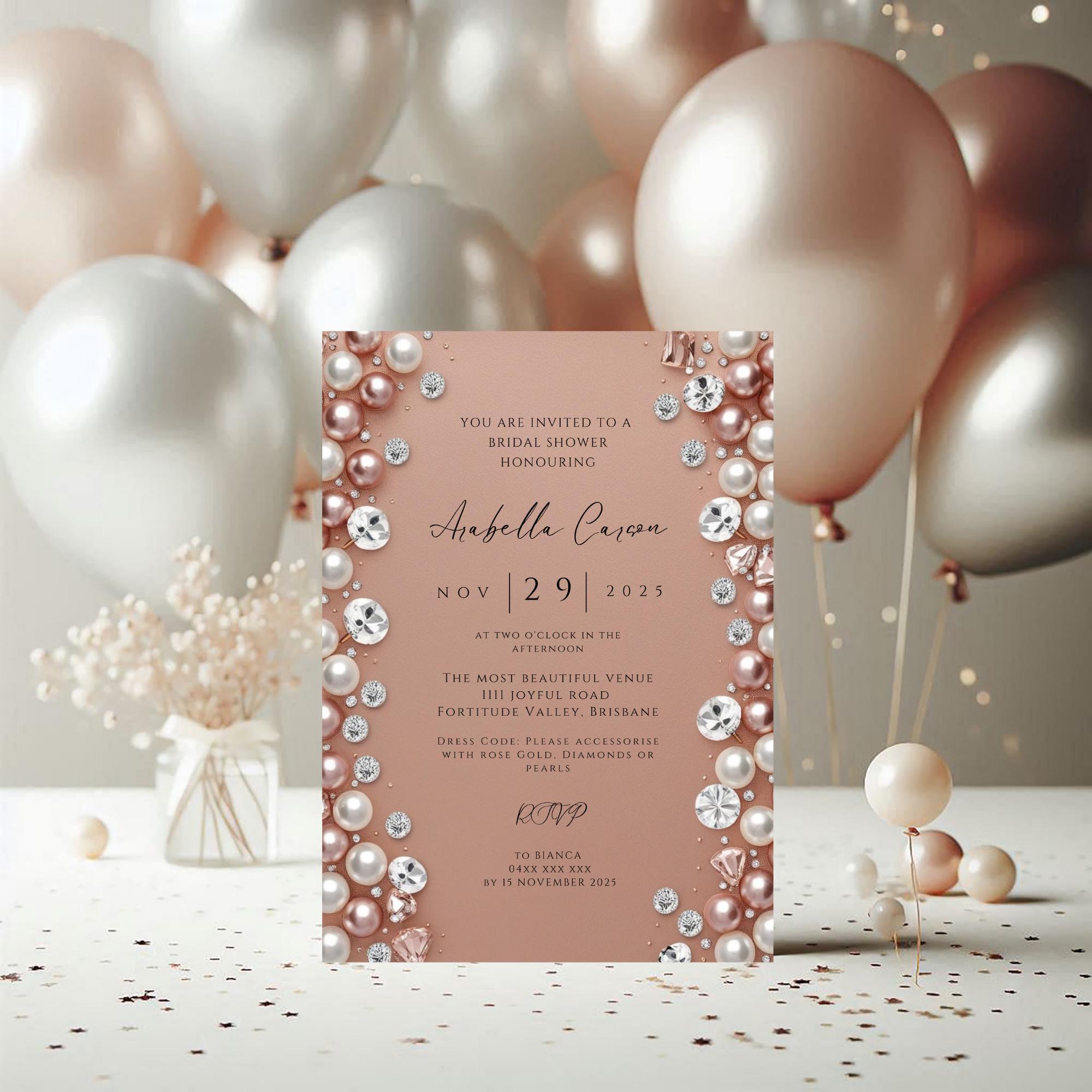 Elegant Editable Rose Gold Pearls and Diamonds Bridal Shower Invitation  Template W414, Diamond Shower, Diamond Decor, Diamonds and Pearls