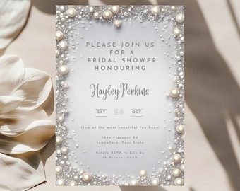 Elegant Editable Diamonds & Pearls Bridal Shower Invitation Template, Pearl Theme, Pearl Invite, Invite with Pearls, Invite with Diamonds